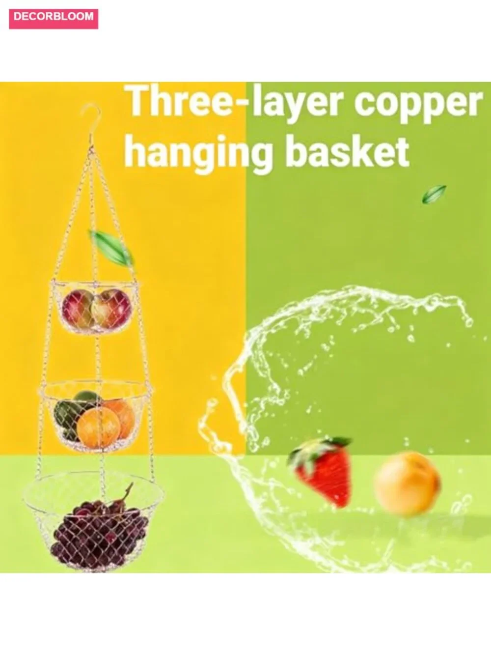 3-Tier Copper Hanging Basket Foldable Rust-Resistant Kitchen Fruit Veggie